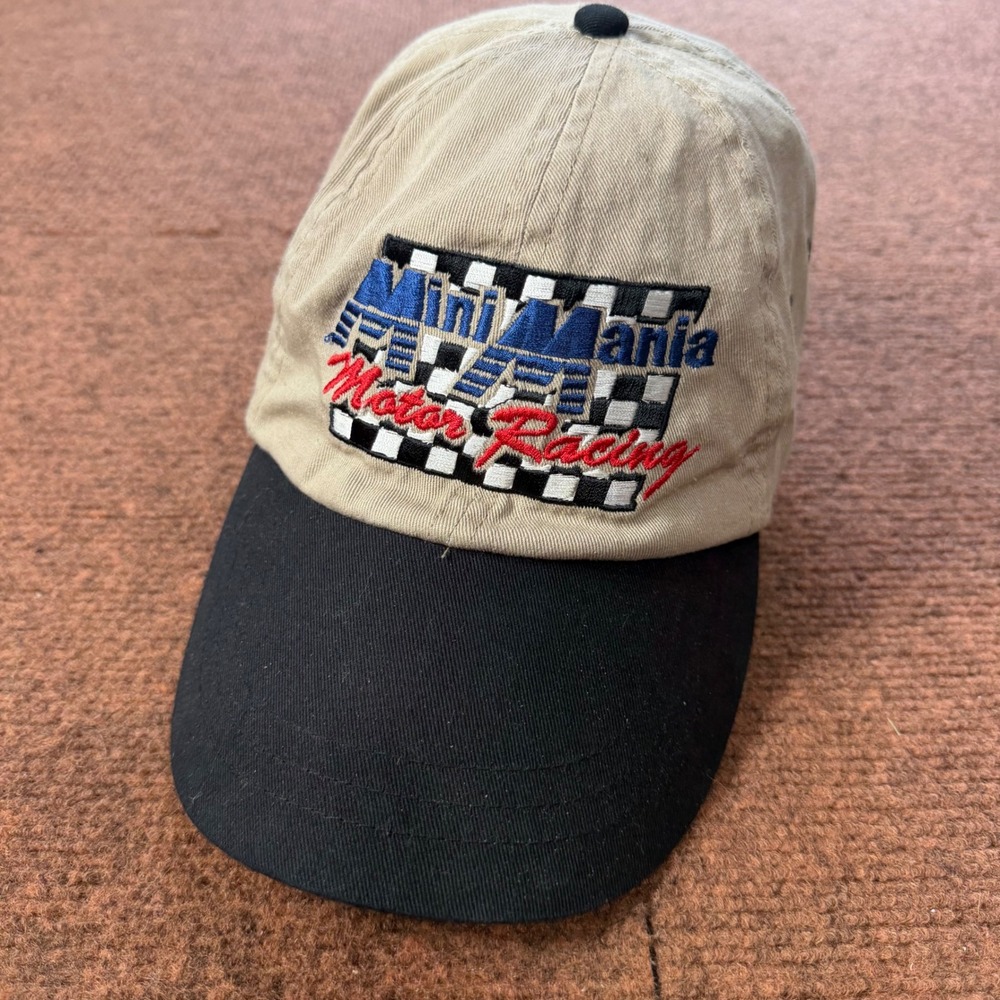 Vintage Mini Mania Motor Racing Hat KC Caps‎ Khaki Black Two Tone Strapback Cap